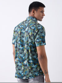 Men Shirt Print Navy Blue Slim Fit
