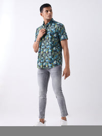 Men Shirt Print Navy Blue Slim Fit