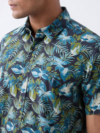 Men Shirt Print Navy Blue Slim Fit