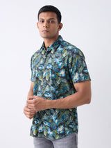 Men Shirt Print Navy Blue Slim Fit