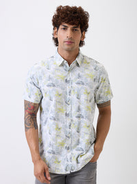 Men Shirt Print White Slim Fit