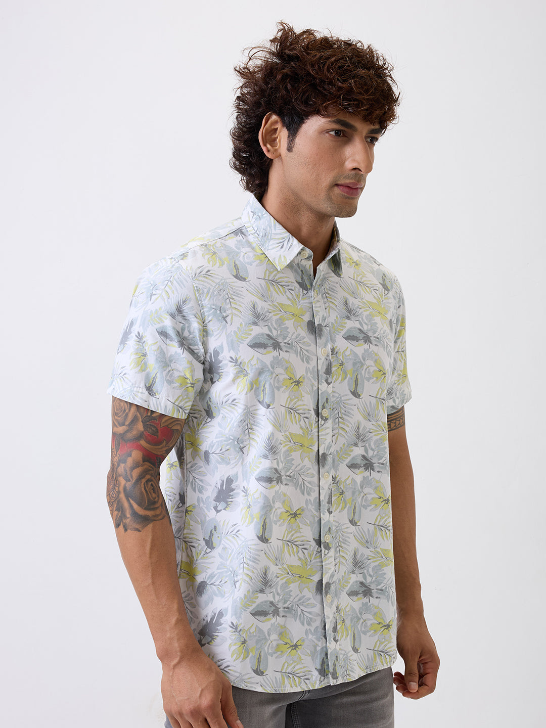 Men Shirt Print White Slim Fit