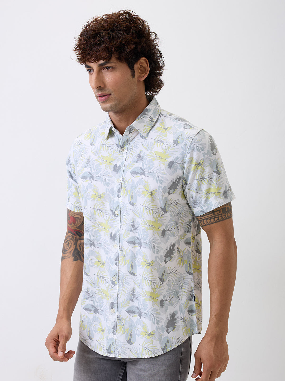 Men Shirt Print White Slim Fit