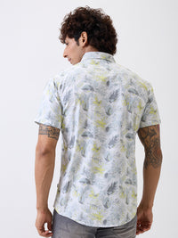 Men Shirt Print White Slim Fit