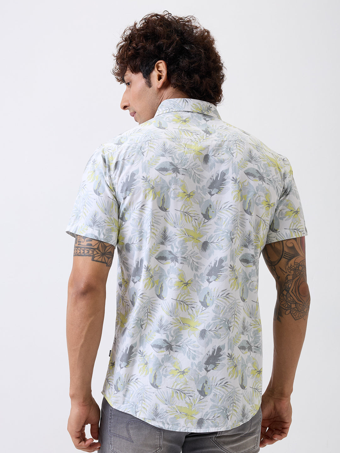 Men Shirt Print White Slim Fit