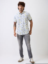 Men Shirt Print White Slim Fit