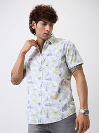 Men Shirt Print White Slim Fit
