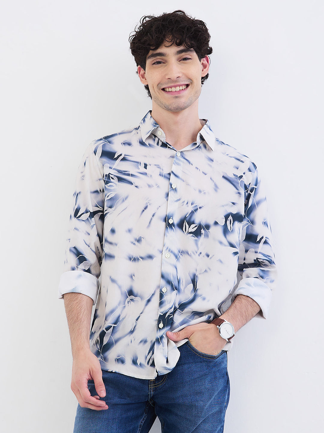 Spykar Off White Slim Fit Casual Shirts For Men