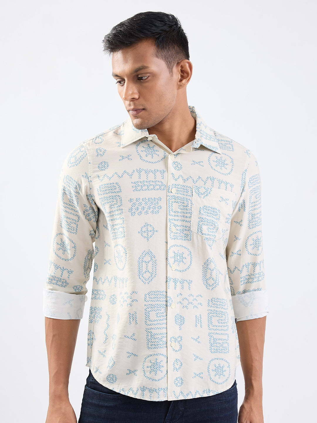 Spykar Ecru Slim Fit Casual Shirts For Men