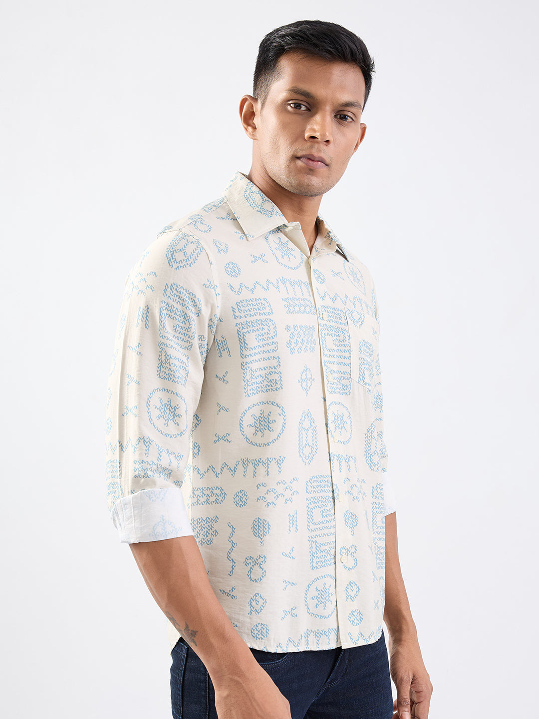 Spykar Ecru Slim Fit Casual Shirts For Men