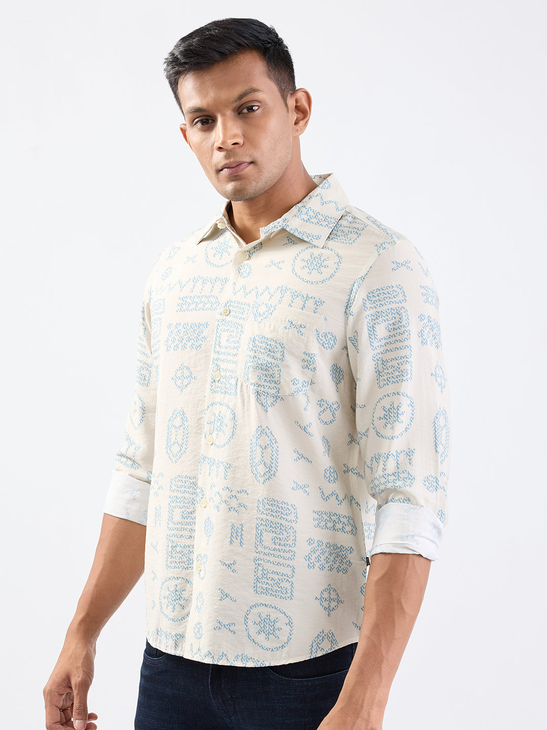 Spykar Ecru Slim Fit Casual Shirts For Men