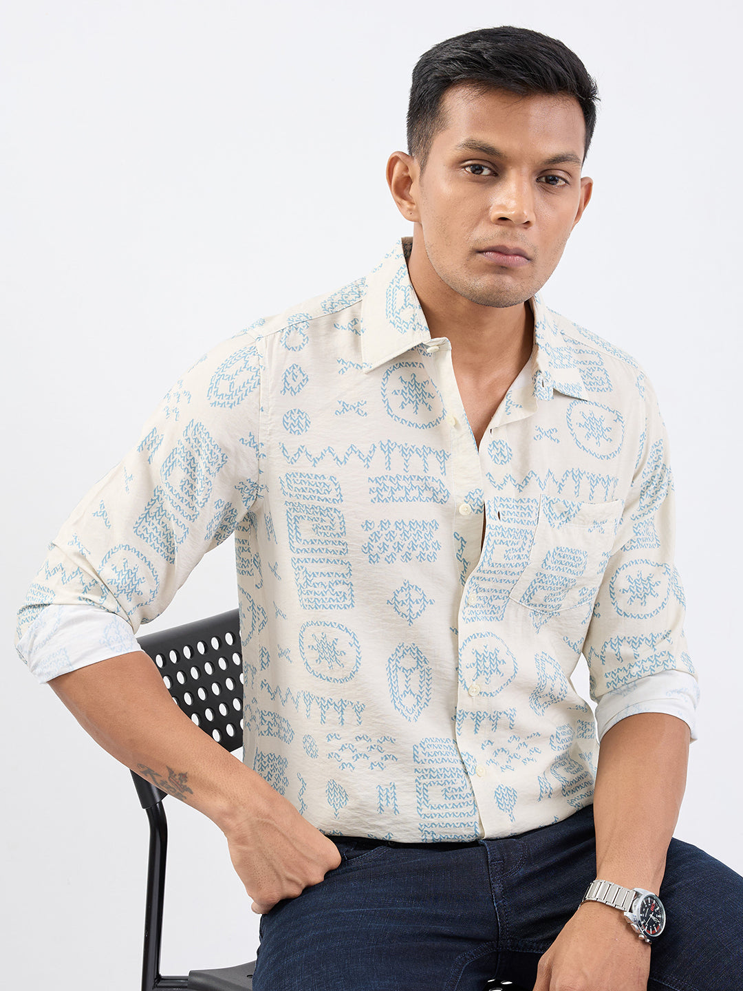 Spykar Ecru Slim Fit Casual Shirts For Men