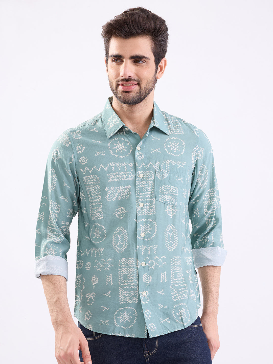 Spykar Granite Green Slim Fit Casual Shirts For Men