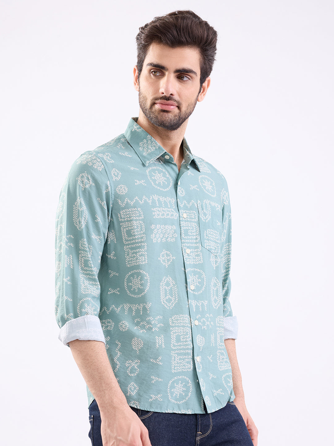 Spykar Granite Green Slim Fit Casual Shirts For Men