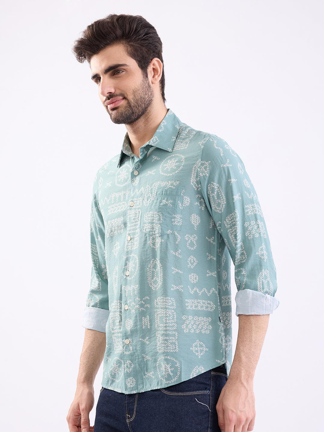 Spykar Granite Green Slim Fit Casual Shirts For Men