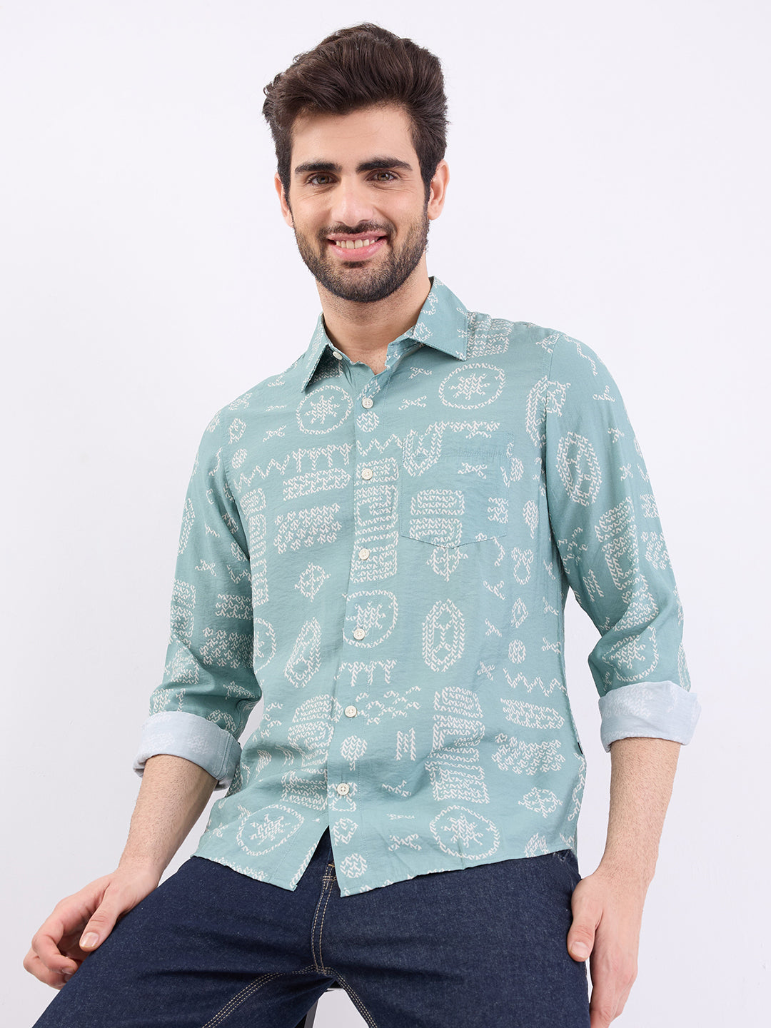 Spykar Granite Green Slim Fit Casual Shirts For Men