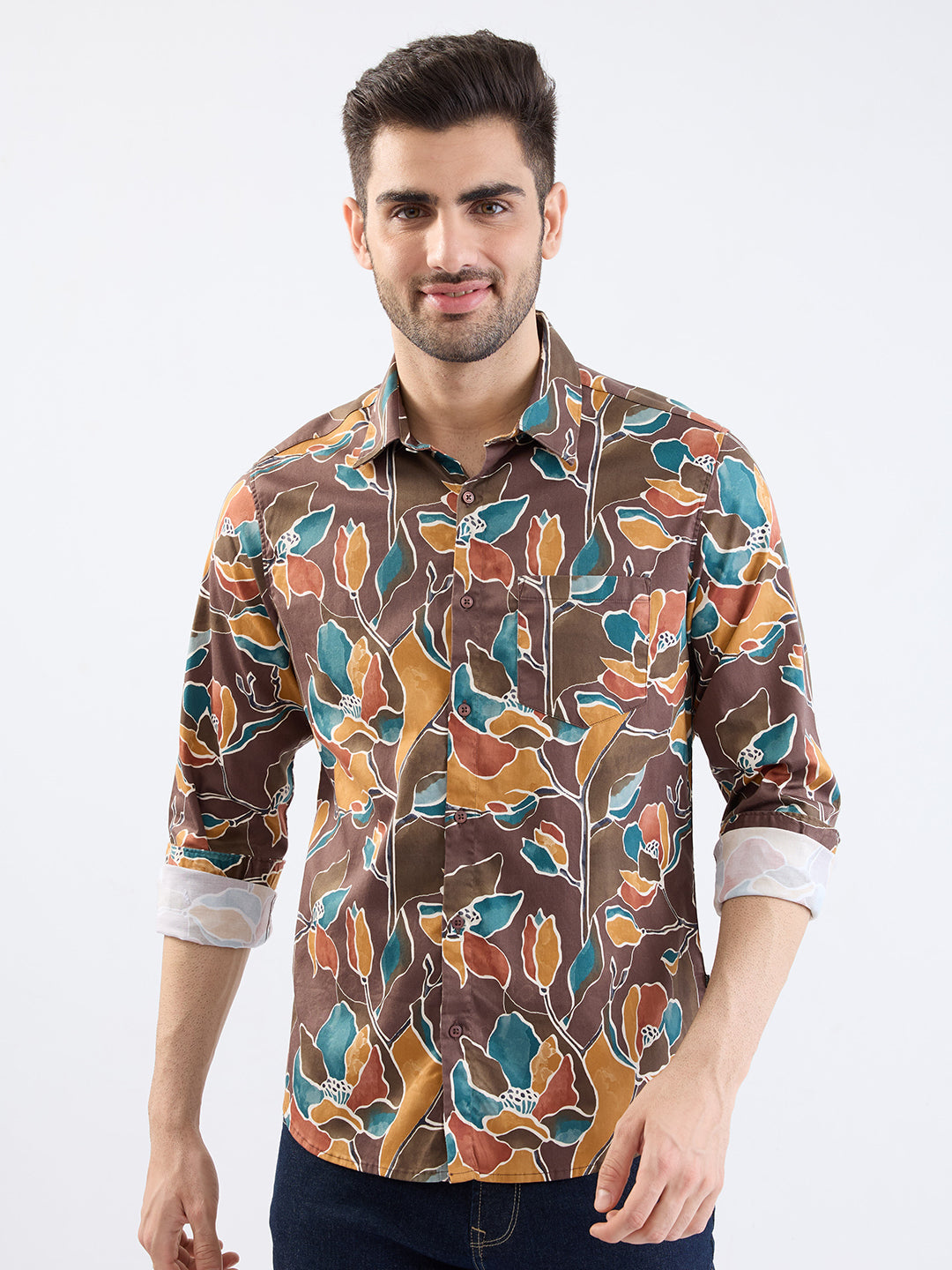 Spykar Friar Brown Slim Fit Casual Shirts For Men