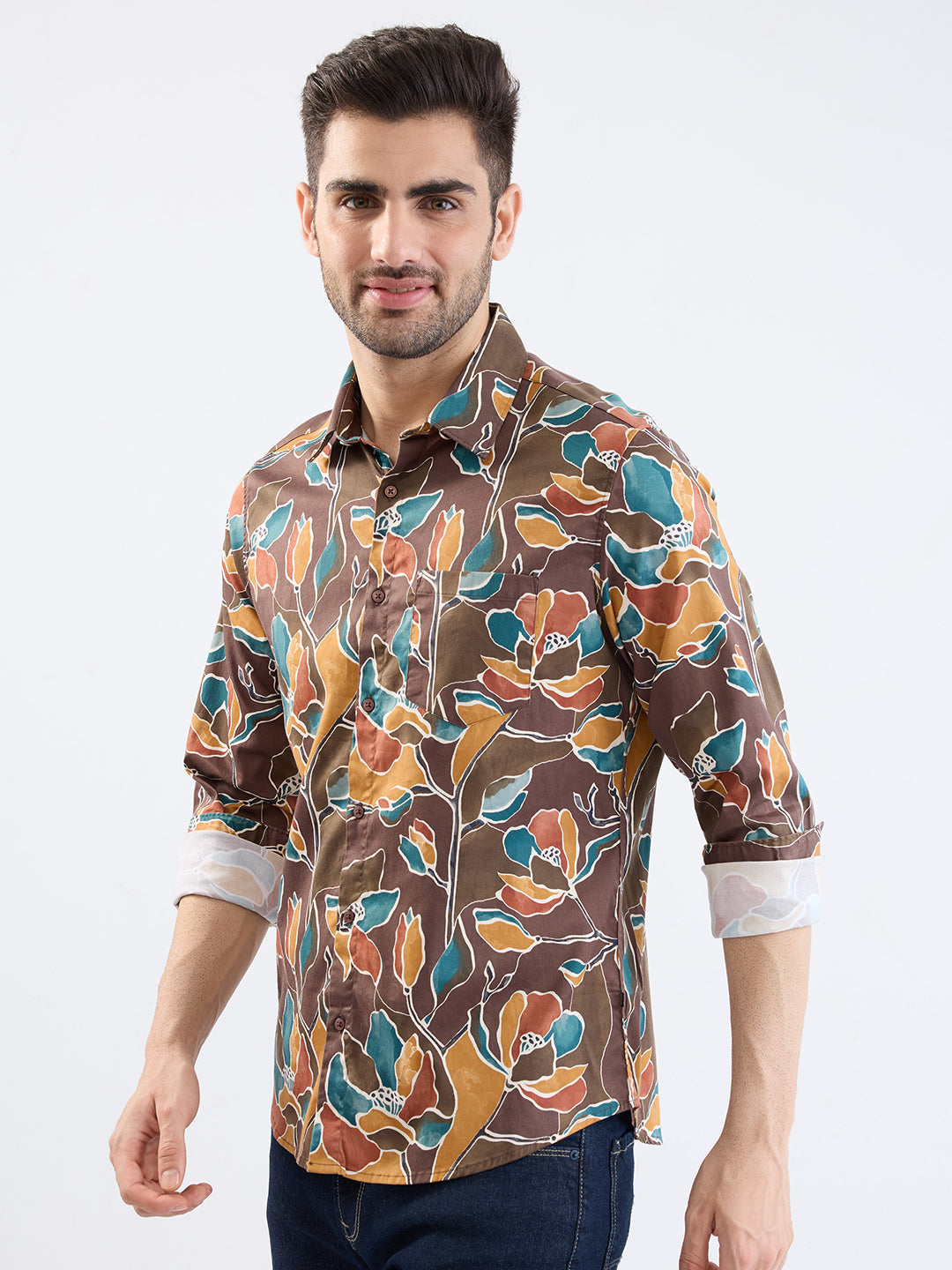 Spykar Friar Brown Slim Fit Casual Shirts For Men