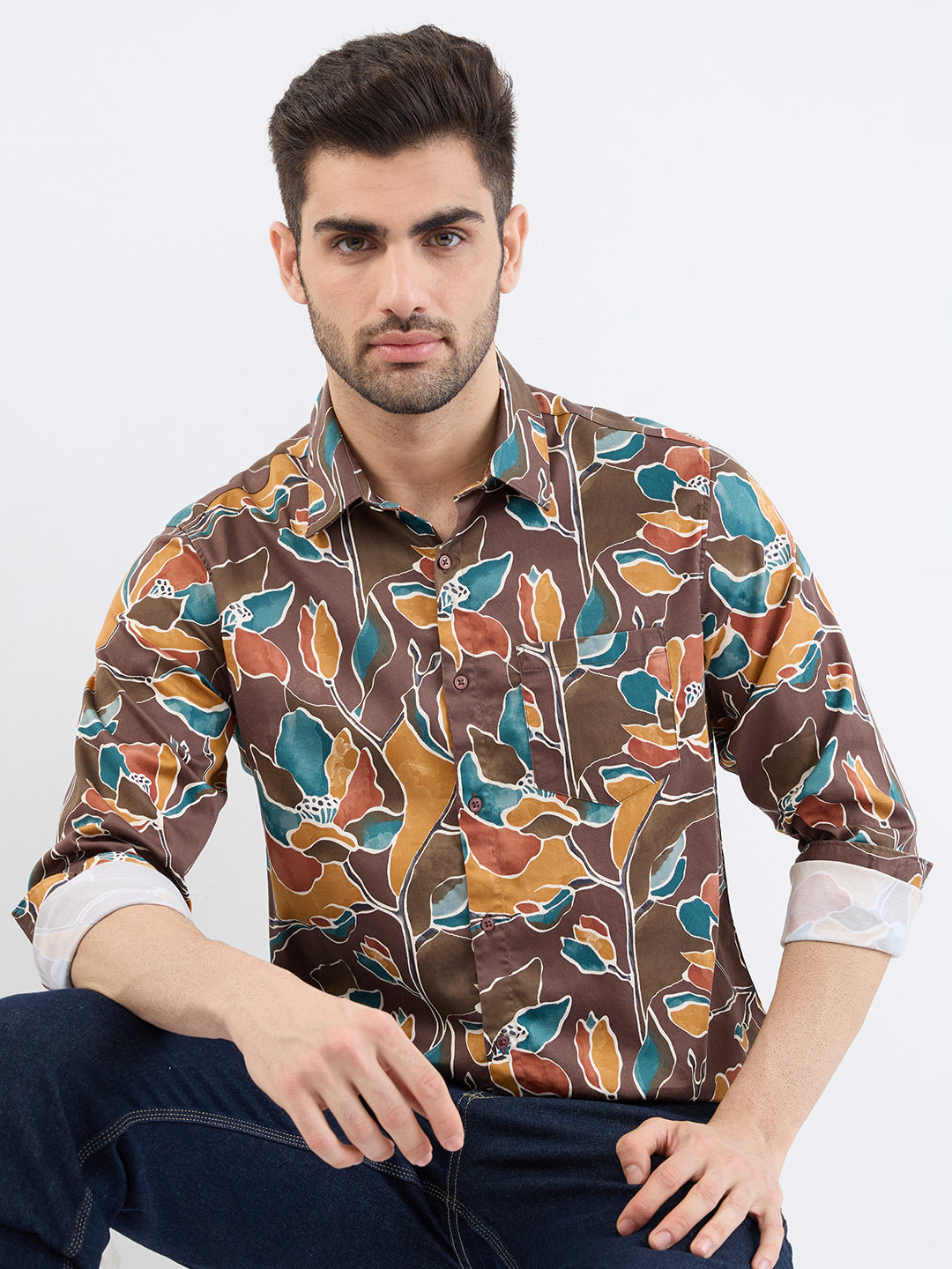 Spykar Friar Brown Slim Fit Casual Shirts For Men