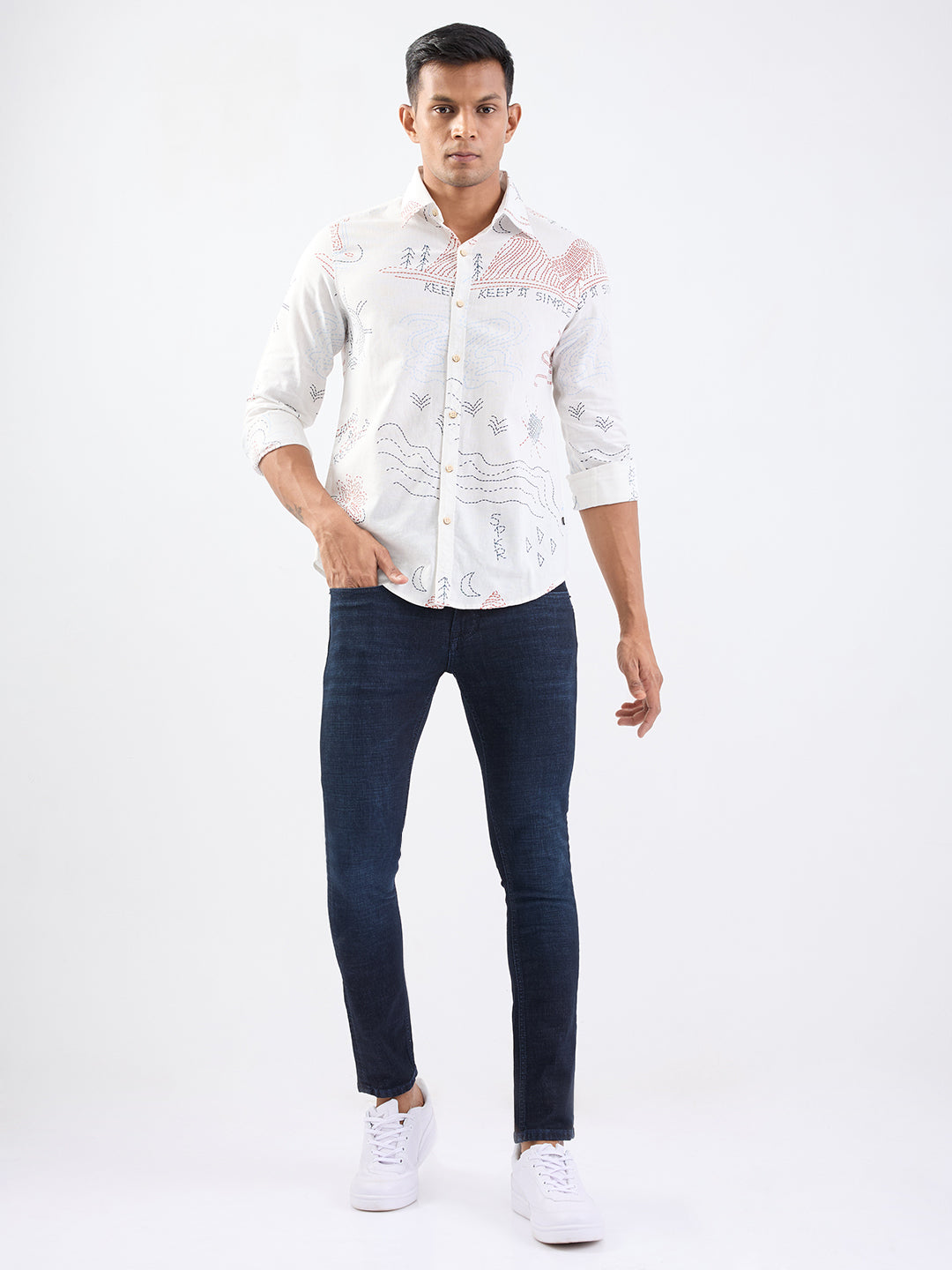 Spykar Off White Slim Fit Casual Shirts For Men