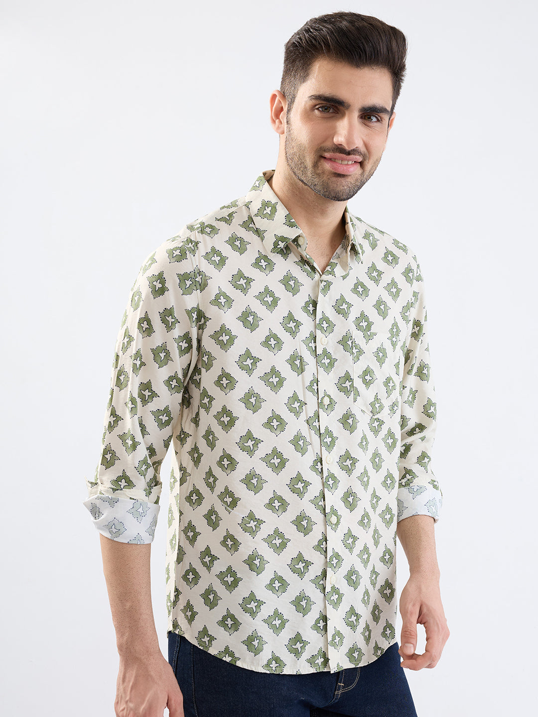 Spykar Ecru Slim Fit Casual Shirts For Men