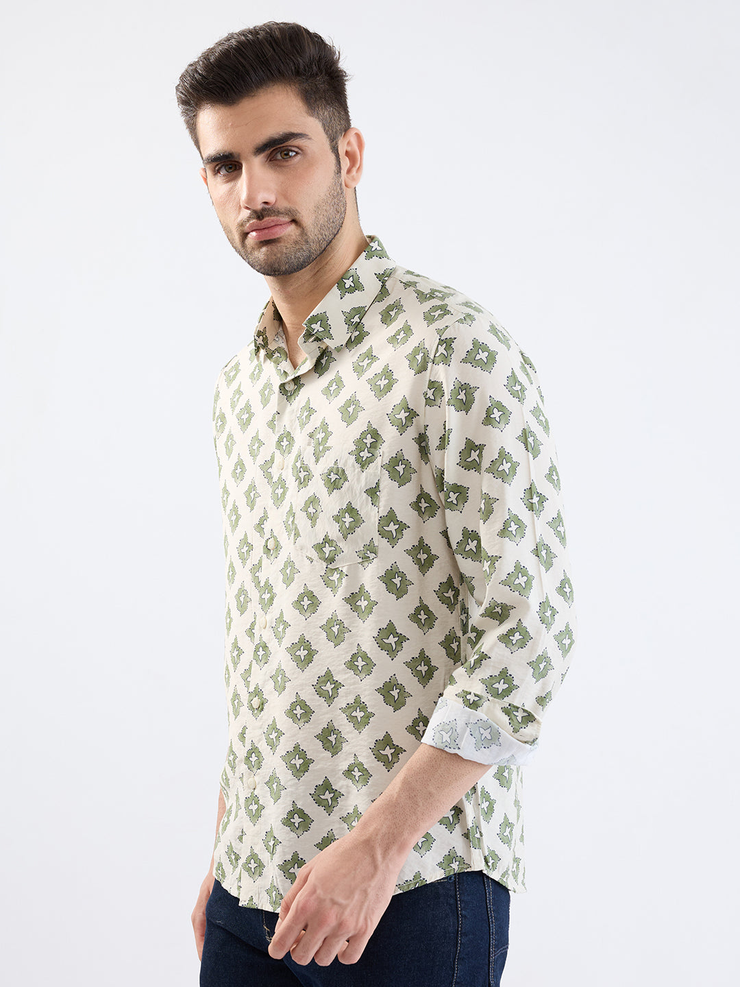 Spykar Ecru Slim Fit Casual Shirts For Men