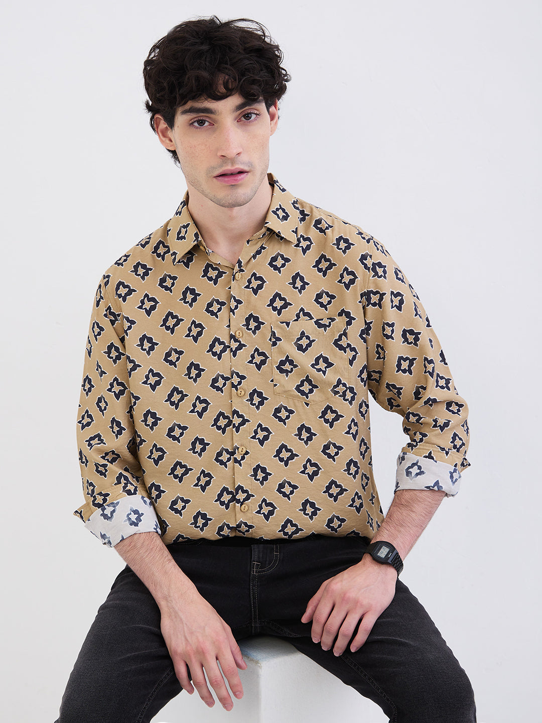 Spykar Taupe Beige Slim Fit Casual Shirts For Men
