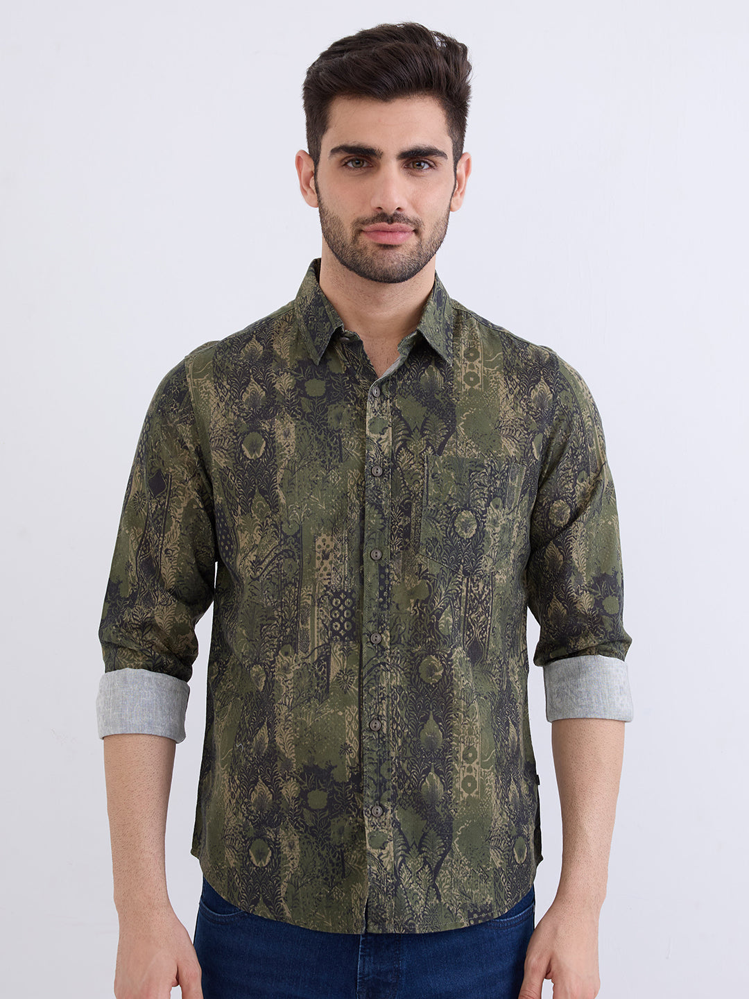 Spykar Avocado Green Slim Fit Casual Shirts For Men