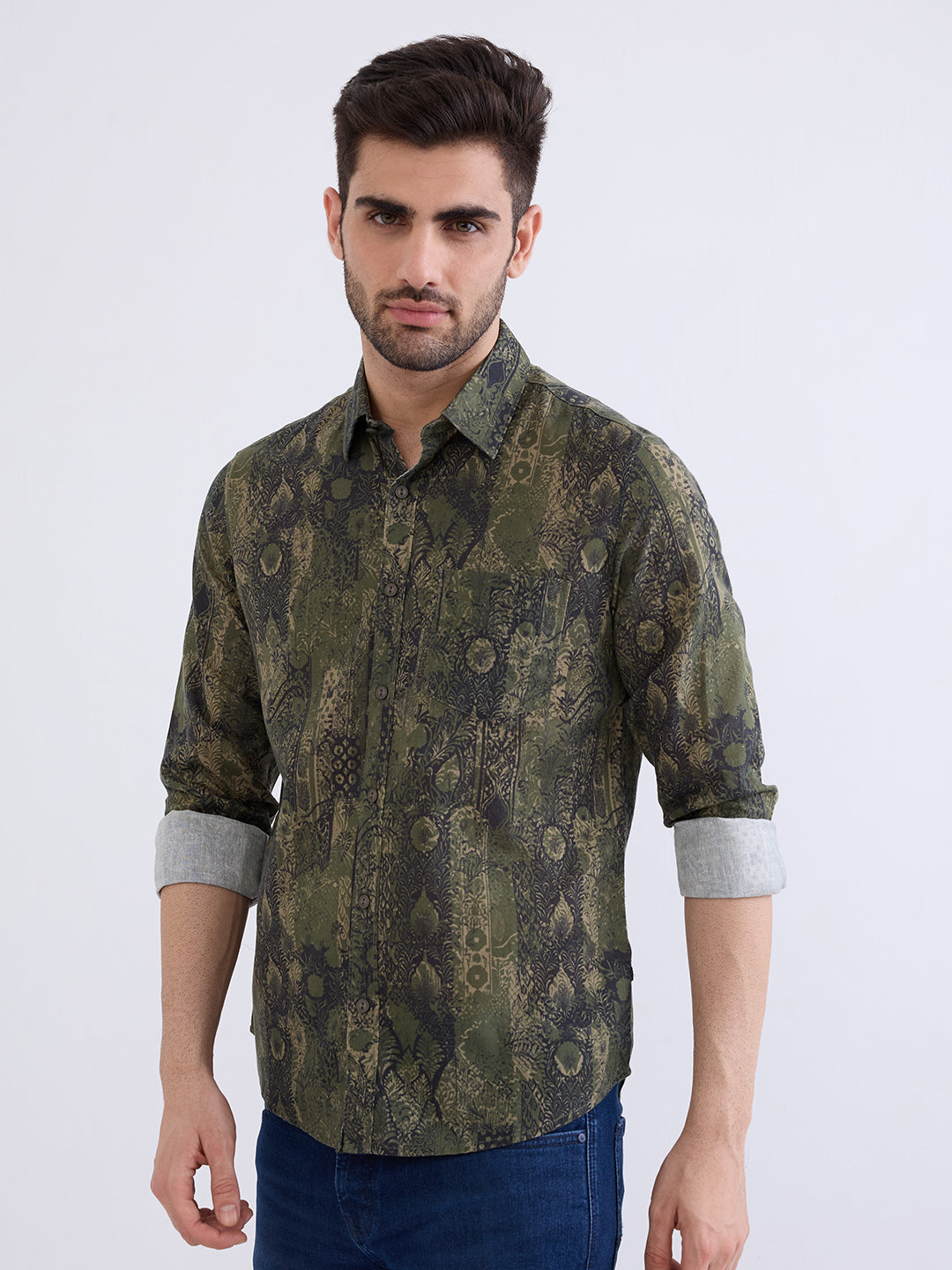 Spykar Avocado Green Slim Fit Casual Shirts For Men