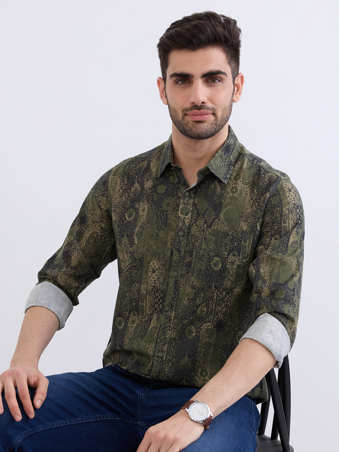 Spykar Avocado Green Slim Fit Casual Shirts For Men