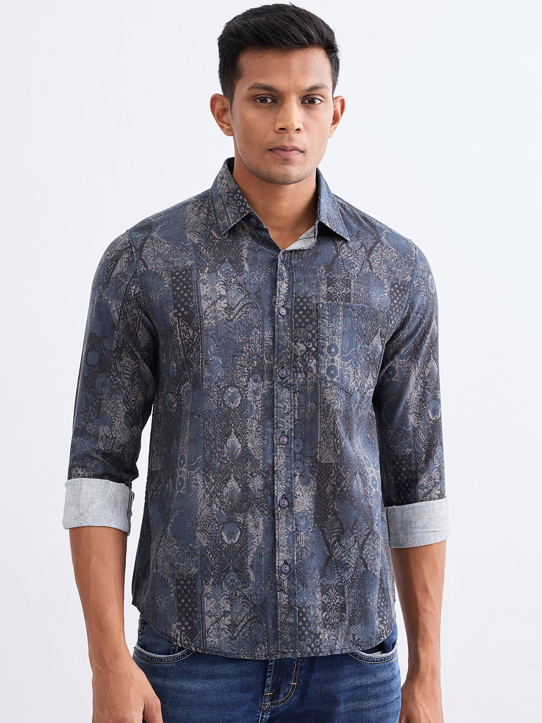 Spykar Moonlight Blue Slim Fit Casual Shirts For Men