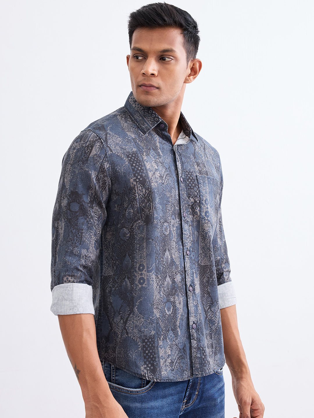 Spykar Moonlight Blue Slim Fit Casual Shirts For Men