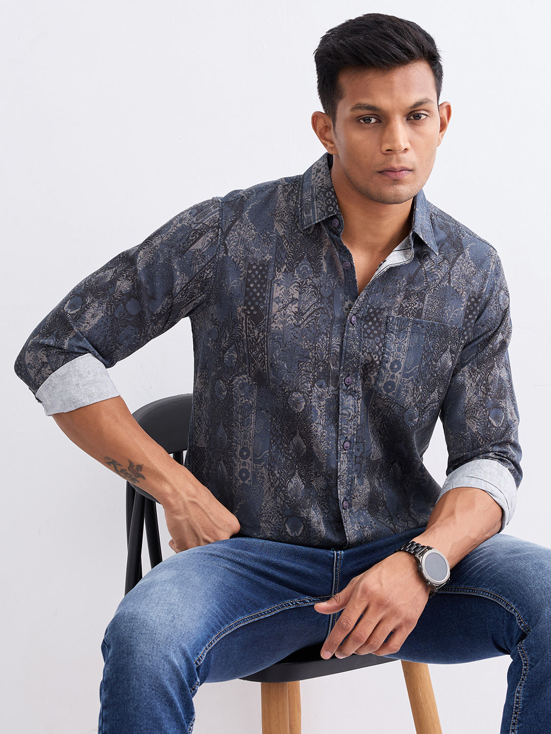 Spykar Moonlight Blue Slim Fit Casual Shirts For Men