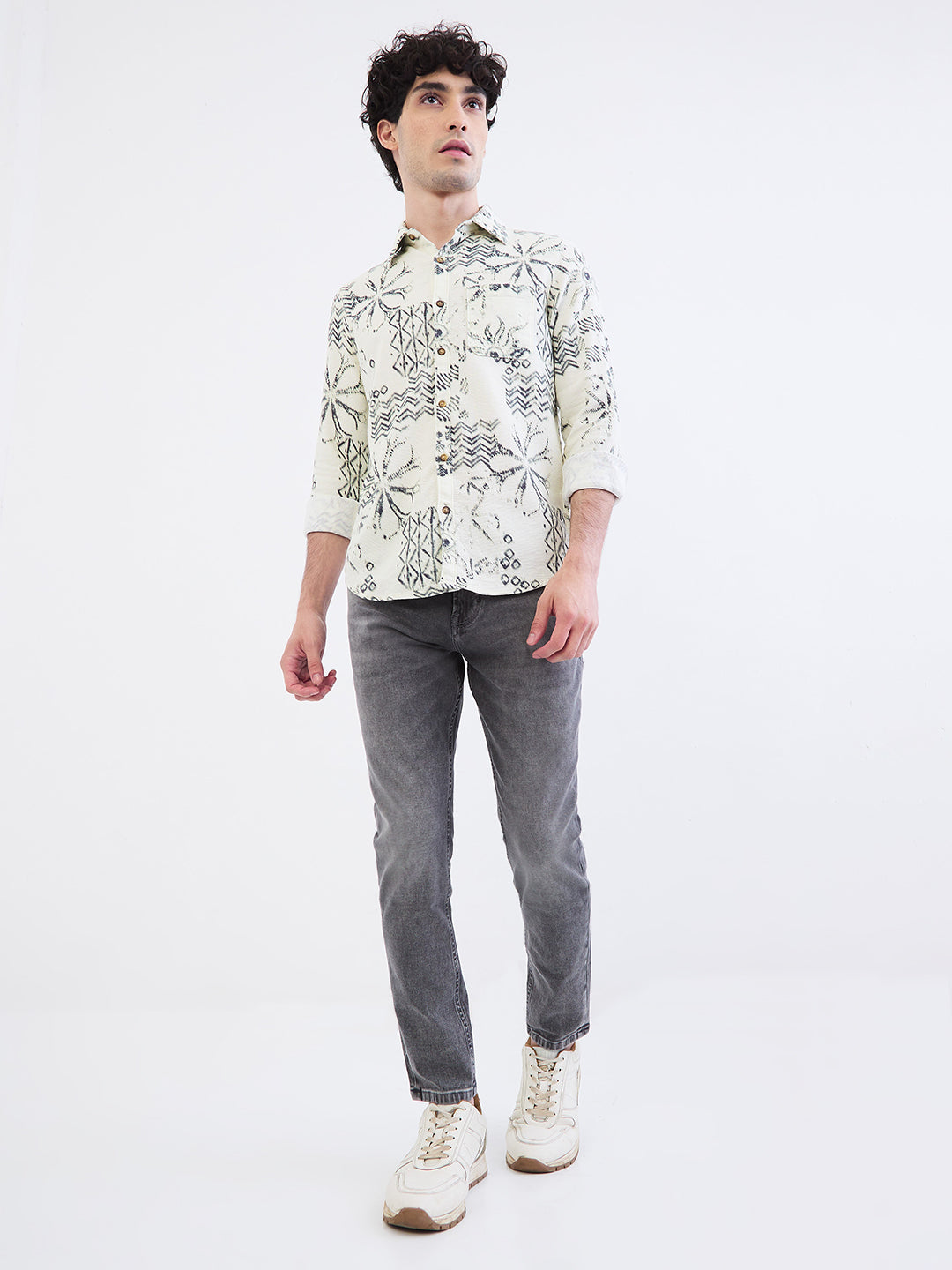 Spykar Ecru Slim Fit Casual Shirts For Men
