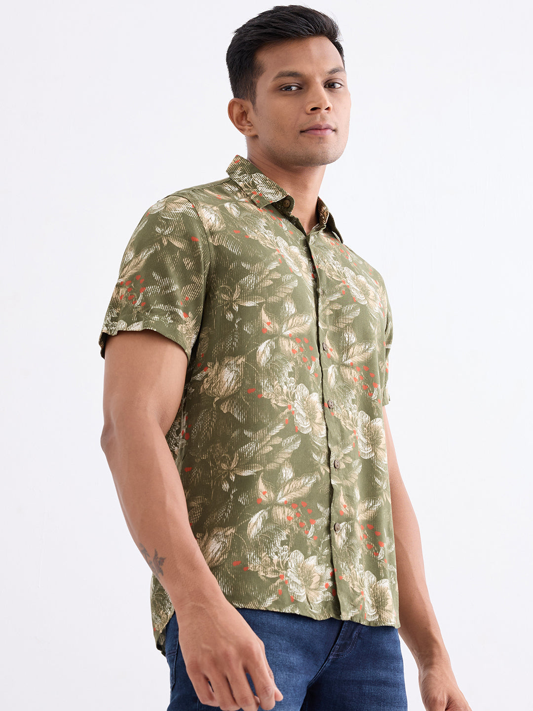Spykar Avocado Green Slim Fit Casual Shirts For Men