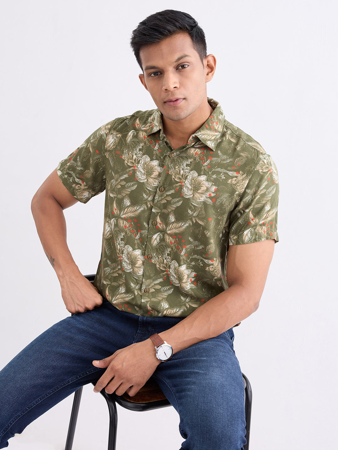 Spykar Avocado Green Slim Fit Casual Shirts For Men