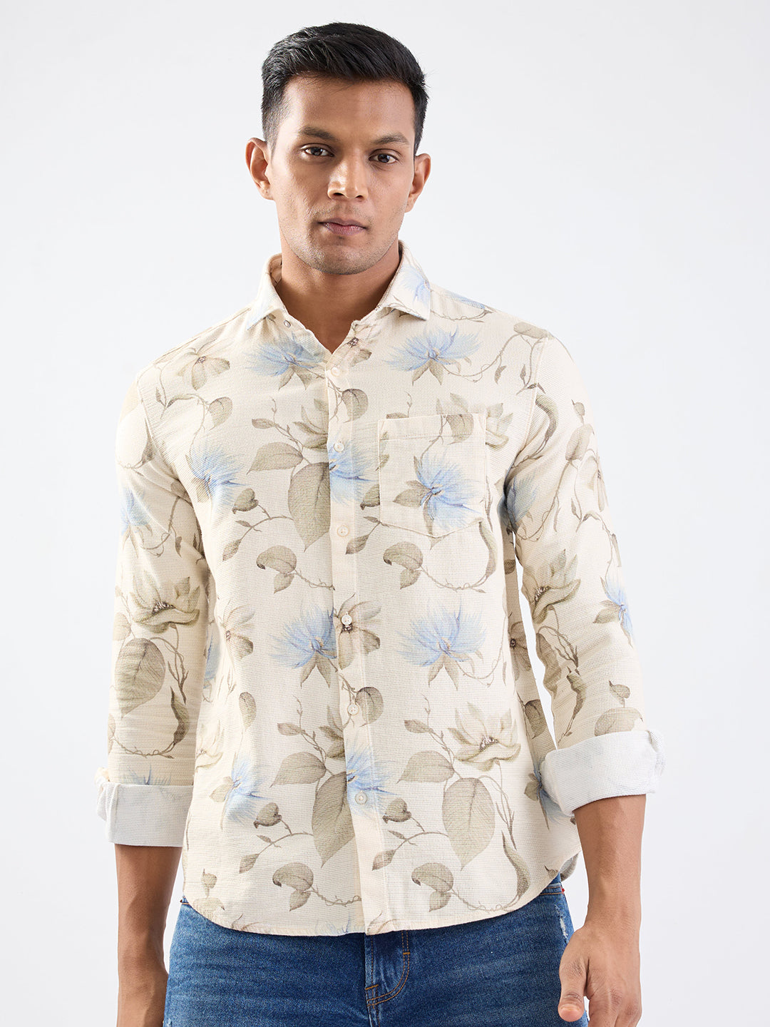 Spykar Ecru Slim Fit Casual Shirts For Men
