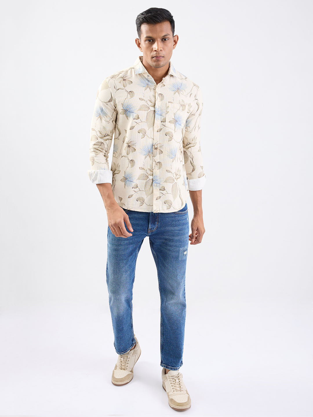 Spykar Ecru Slim Fit Casual Shirts For Men