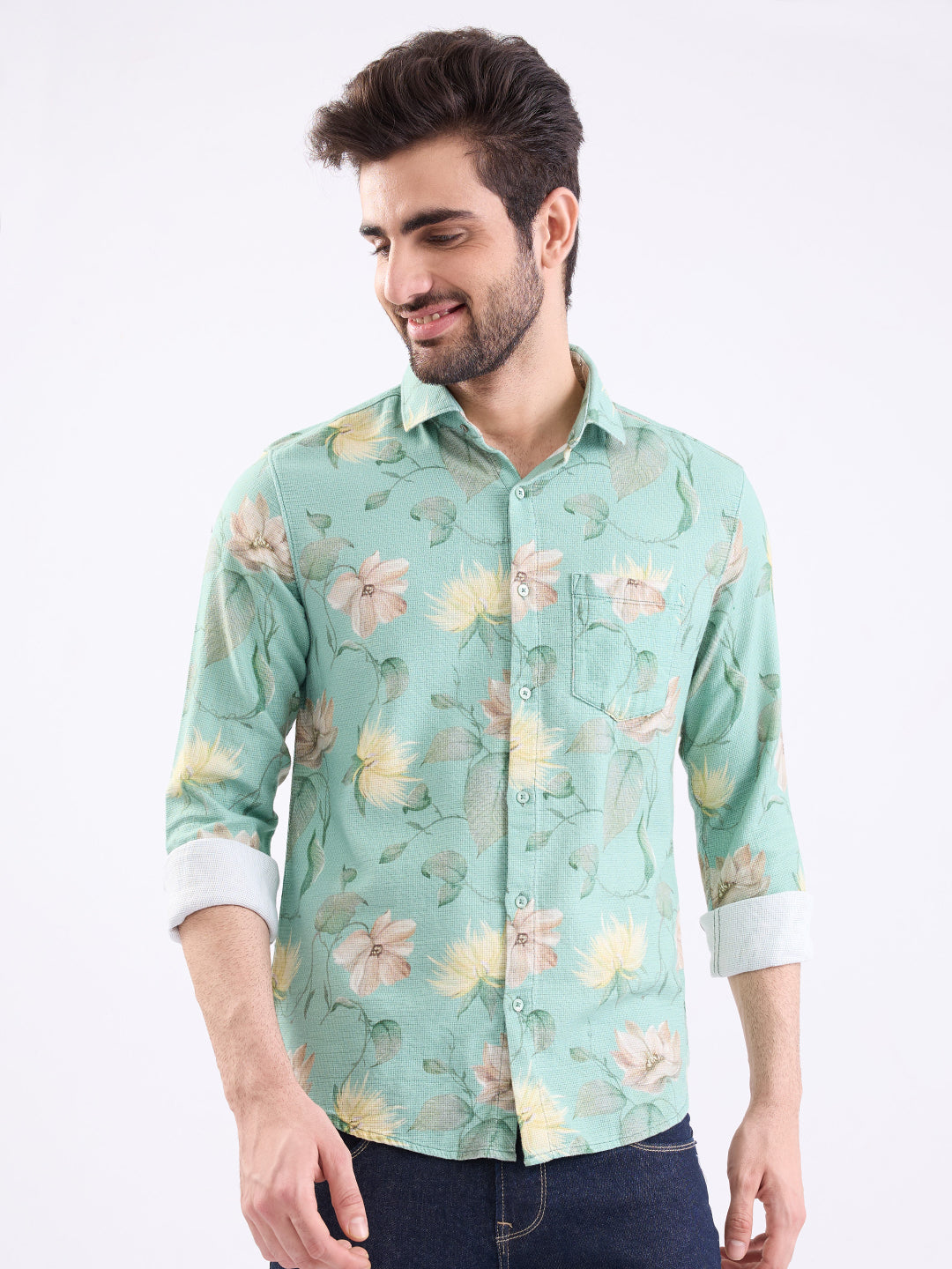 Spykar Granite Green Slim Fit Casual Shirts For Men