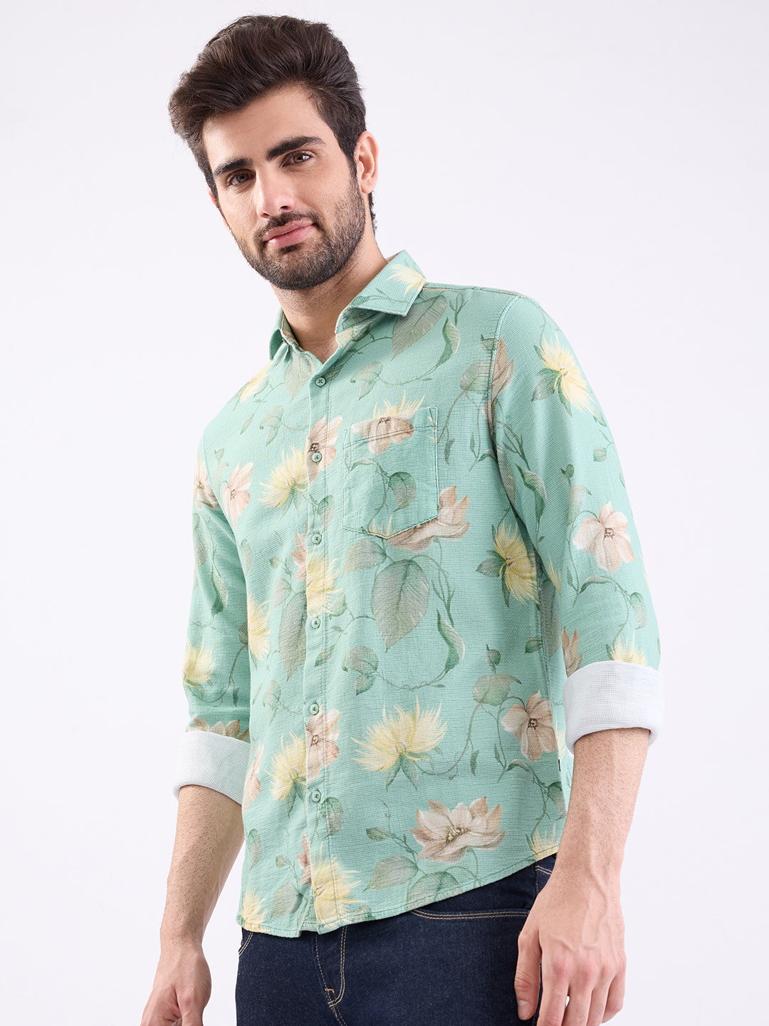 Spykar Granite Green Slim Fit Casual Shirts For Men