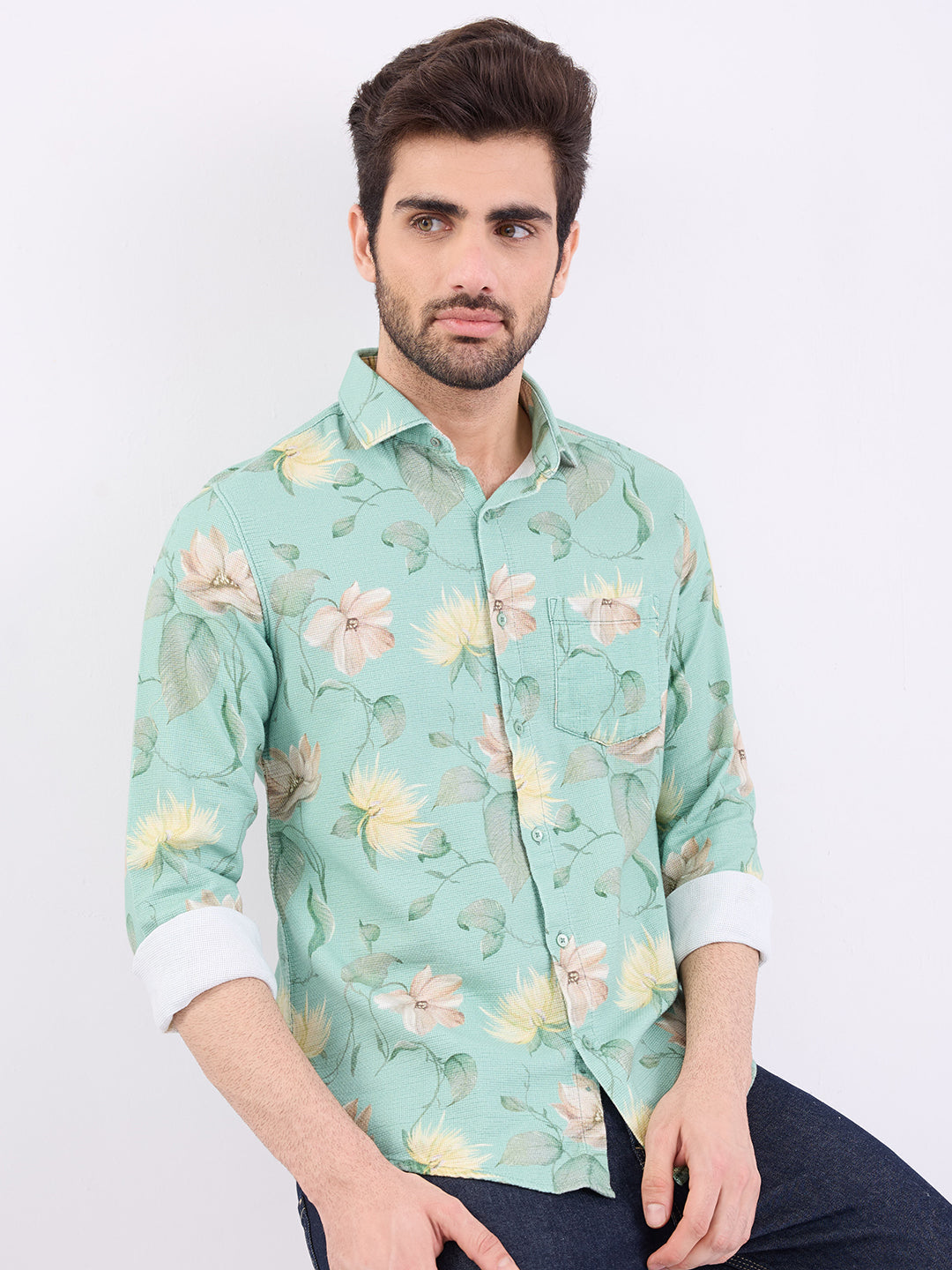 Spykar Granite Green Slim Fit Casual Shirts For Men