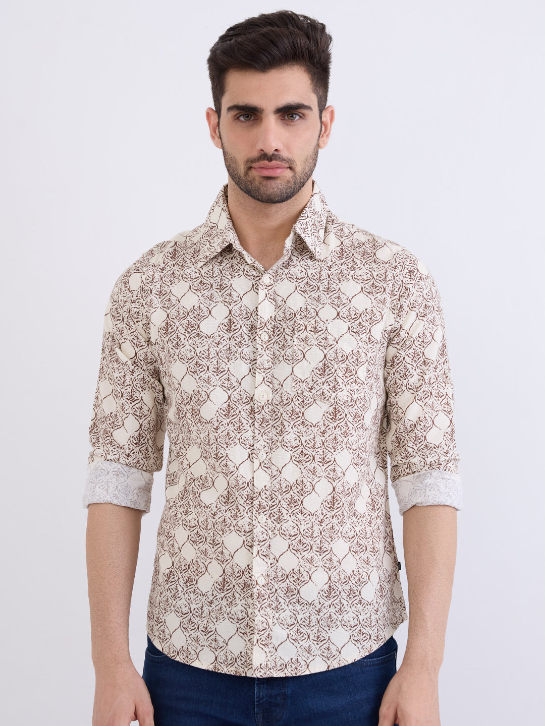Spykar Ecru Slim Fit Casual Shirts For Men