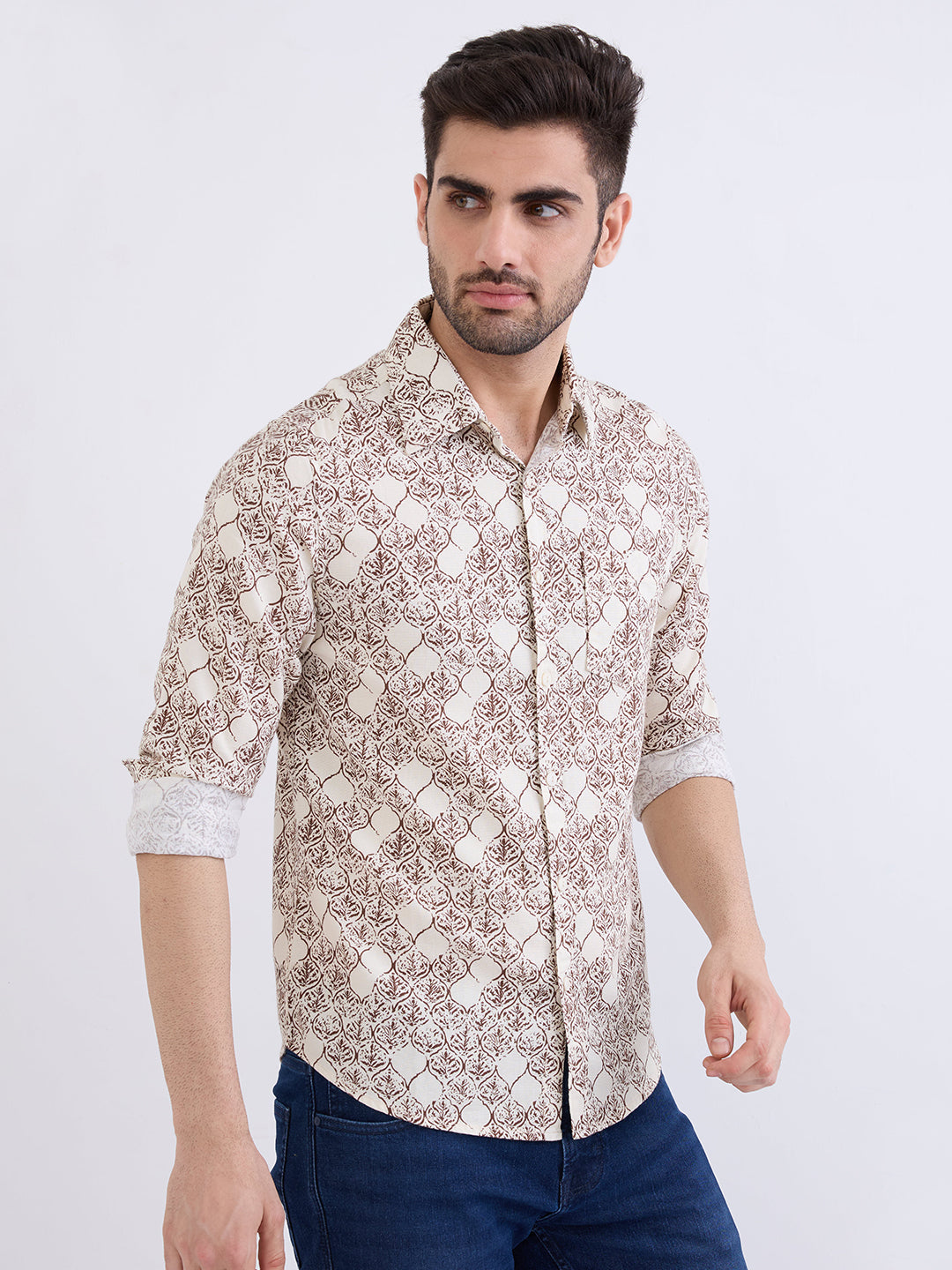 Spykar Ecru Slim Fit Casual Shirts For Men