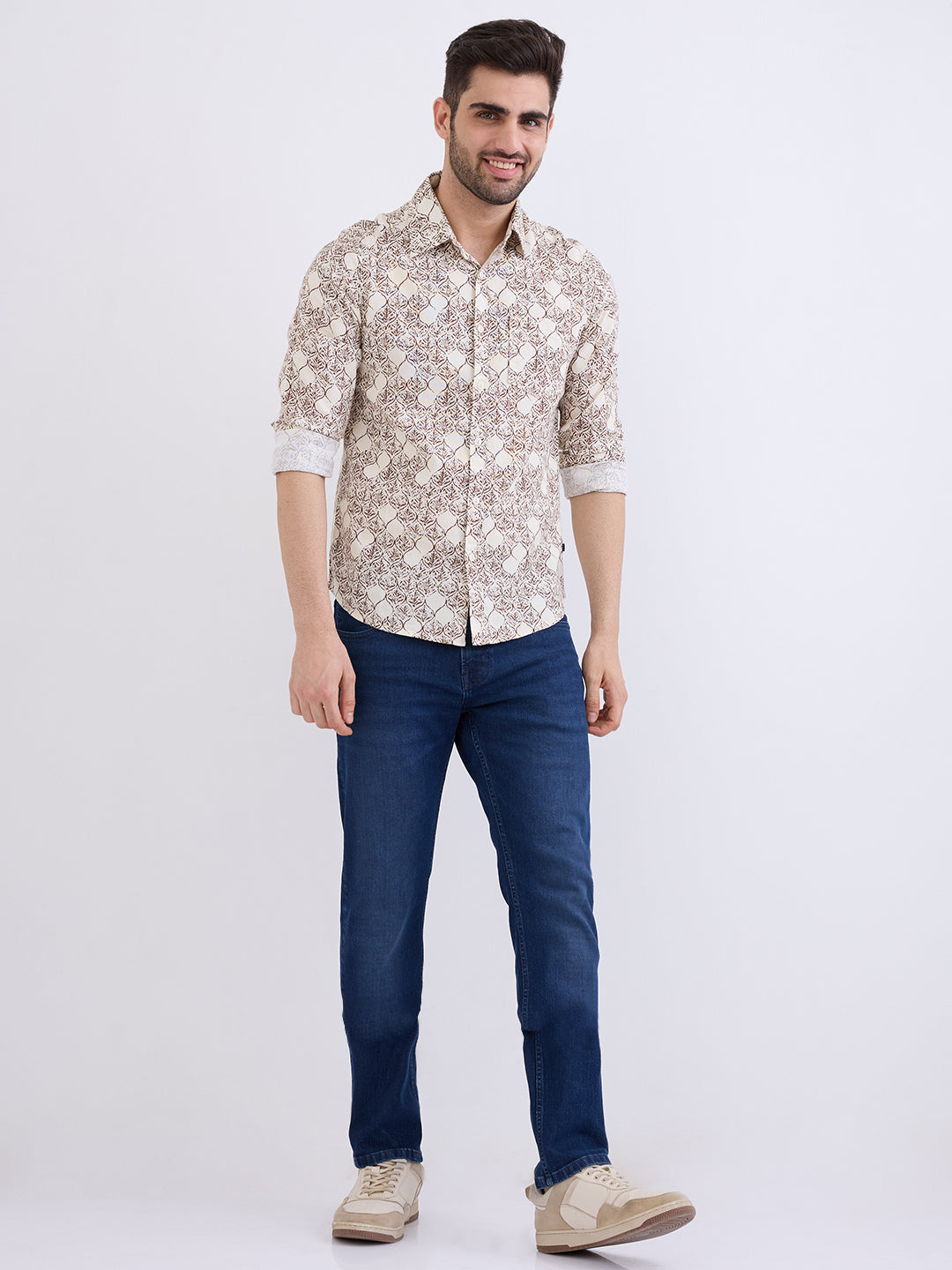 Spykar Ecru Slim Fit Casual Shirts For Men