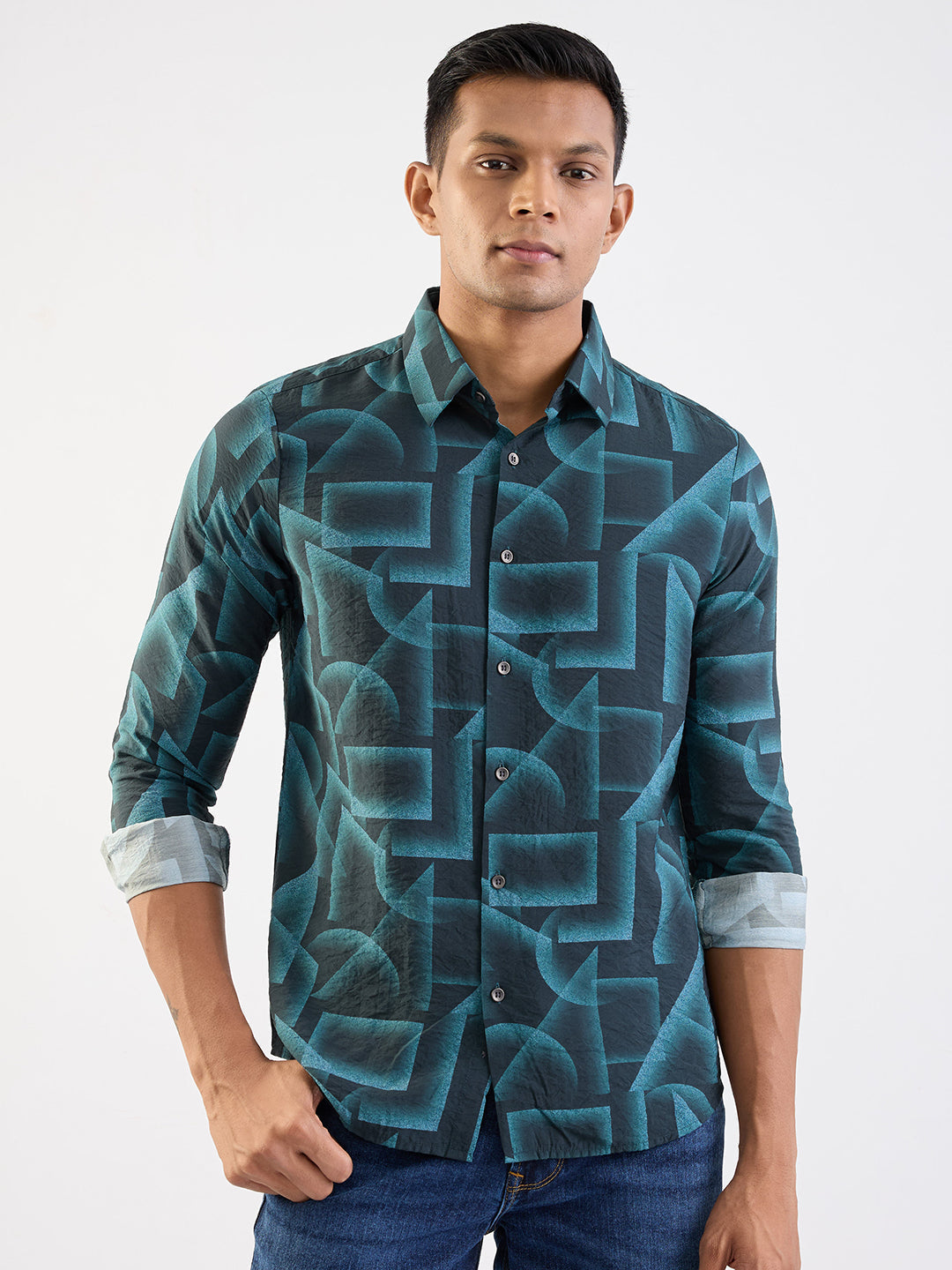 Spykar Teal Green Slim Fit Casual Shirts For Men