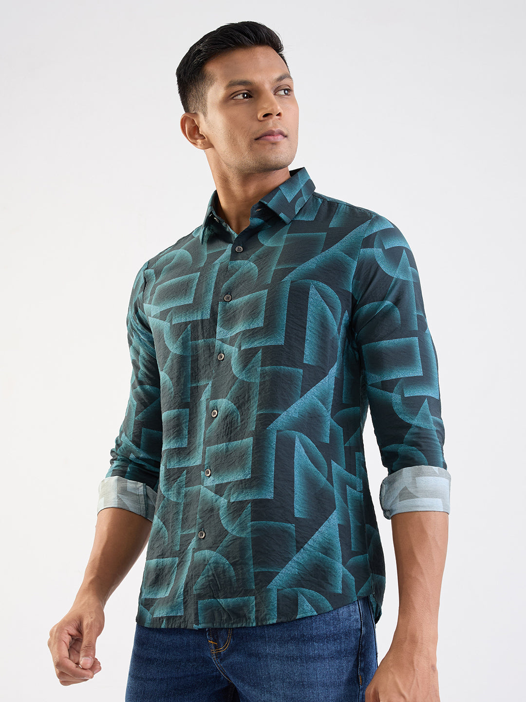 Spykar Teal Green Slim Fit Casual Shirts For Men
