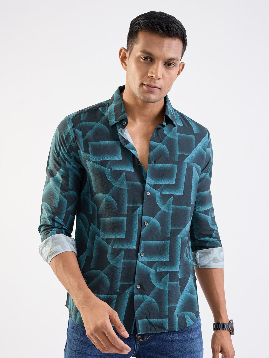 Spykar Teal Green Slim Fit Casual Shirts For Men