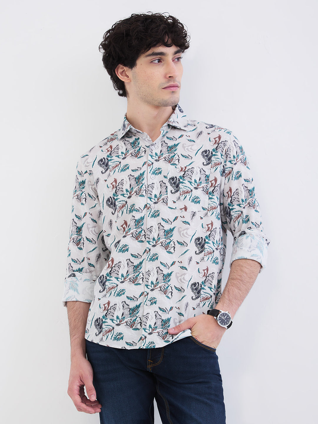 Spykar Silver Grey Slim Fit Casual Shirts For Men