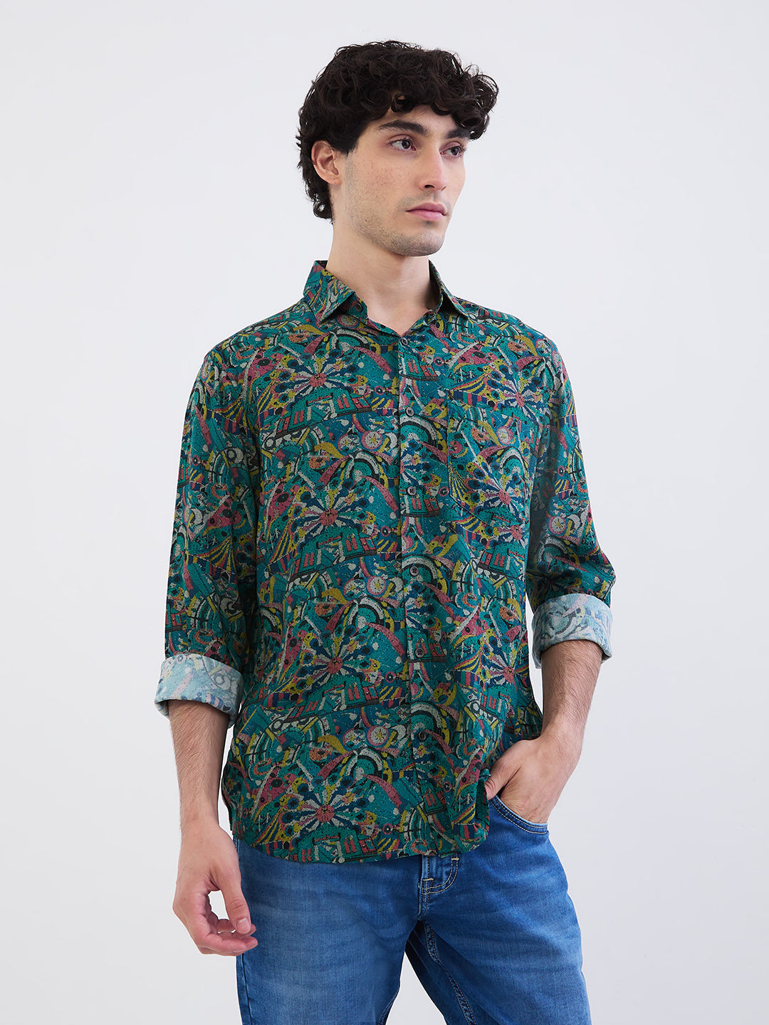 Spykar Aquatic Blue Slim Fit Casual Shirts For Men