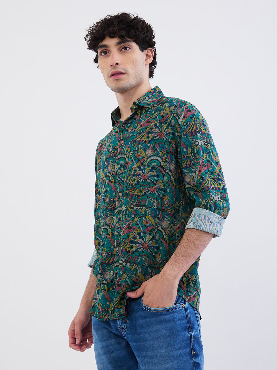 Spykar Aquatic Blue Slim Fit Casual Shirts For Men